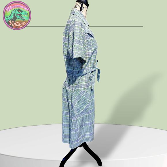 Vintage 1960 A-Line Rockabilly Green Blue Plaid Diner House Dress - Picture 7 of 8